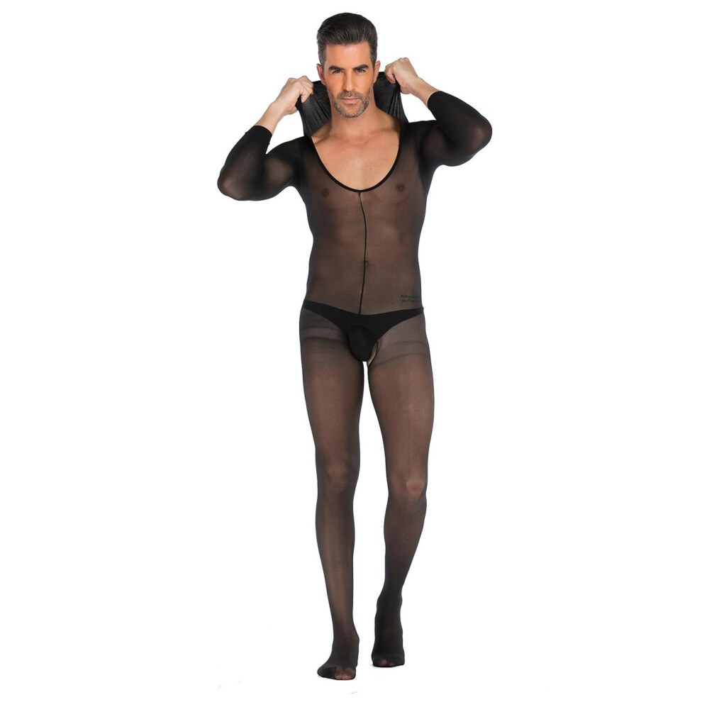 Men's Bodystocking Mesh Bodysuit With Sleeves Open Transparent Design See-Through Lingerie One Size