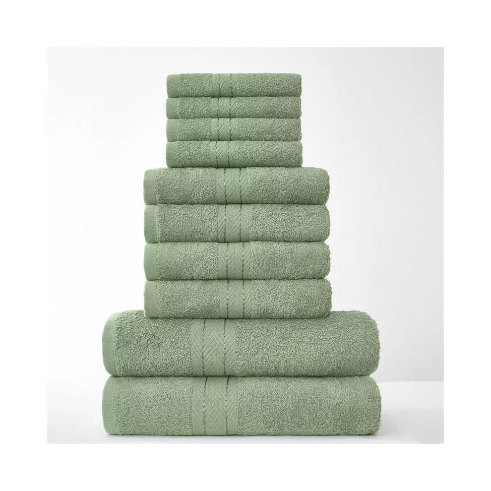 (Sage Green) 10 Pieces Towel Bale Set 100% Combed Cotton 500GSM Ultra Soft Absorbent Face Hand Bath Bathroom Towels Linen Smooth Border Stripe-image-OPC-PKYNXZB-NEW