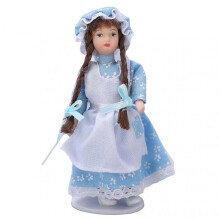 Ceramic 1:12 Scale Dollhouse Girl with Movable Joints, Blue Hood & Braids, for Ages 3+