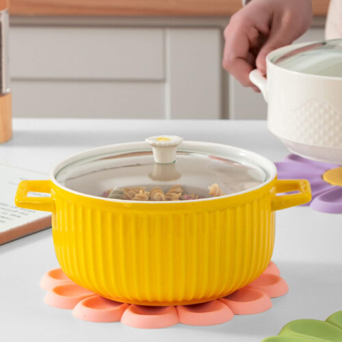 Colorful Dish Cup Pad Soft Silicone Flower Shape Lemon Yellow Dinnerware Mat Tableware Pad 2