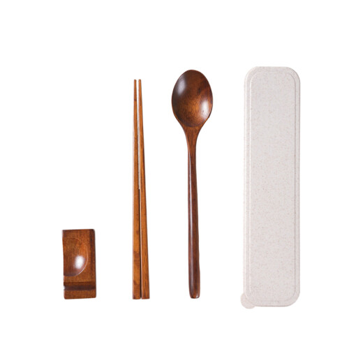 4Pcs Japanese Solid Wood Chopsticks Spoon Rest Set With Case