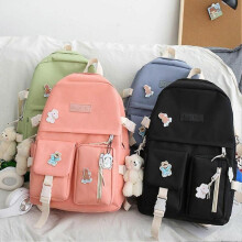 (pink)5 Piece School Bag Fashion Canvas Women's Backpack Casual Classic Girls School Bag Backpack Pencil Bag Black