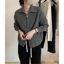 (Free Size,Gray)Thickened Double Zipper Sweater Coat Autumn And Winter Korean Women's Top Idle Style Loose Design Knitted Cardigan