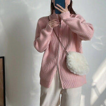 (Free Size,Pink)Thickened Double Zipper Sweater Coat Autumn And Winter Korean Women's Top Idle Style Loose Design Knitted Cardigan