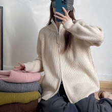 (Free Size,Creamy White)Thickened Double Zipper Sweater Coat Autumn And Winter Korean Women's Top Idle Style Loose Design Knitted Cardigan
