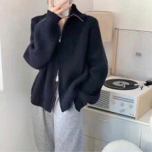(Free Size,Black)Thickened Double Zipper Sweater Coat Autumn And Winter Korean Women's Top Idle Style Loose Design Knitted Cardigan