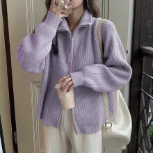 (Free Size,Purple)Thickened Double Zipper Sweater Coat Autumn And Winter Korean Women's Top Idle Style Loose Design Knitted Cardigan