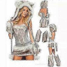 (One Size, Gray) Sexy Christmas Women Costume Cosplay Big Tail Wolf Cosplay Party Maid Temptation Santa Claus Two-Piece Costume - DSW
