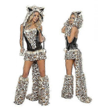 (One Size, Leopard Catwoman) Sexy Christmas Women Costume Cosplay Big Tail Wolf Cosplay Party Maid Temptation Santa Claus Two-Piece Costume - DSW