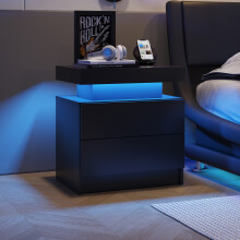 Nightstand LED Bedside Table Cabinet Lights Modern End Side with 2 Drawers Black Minimalist Design with Built-in LED Lighting