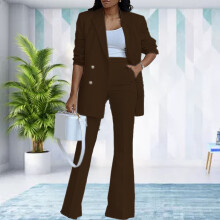 Women 2 Piece Suit Brown XXL Polyester Wide Leg Trousers Turn Down Collar