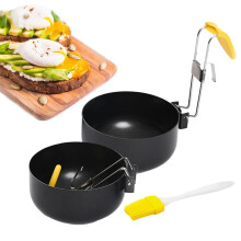 Egg Poacher Stainless Steel Set - 2 Pieces With Brush, Collapsible Hang-Ear Egg Boiler, Non-Stick Poached Egg Maker