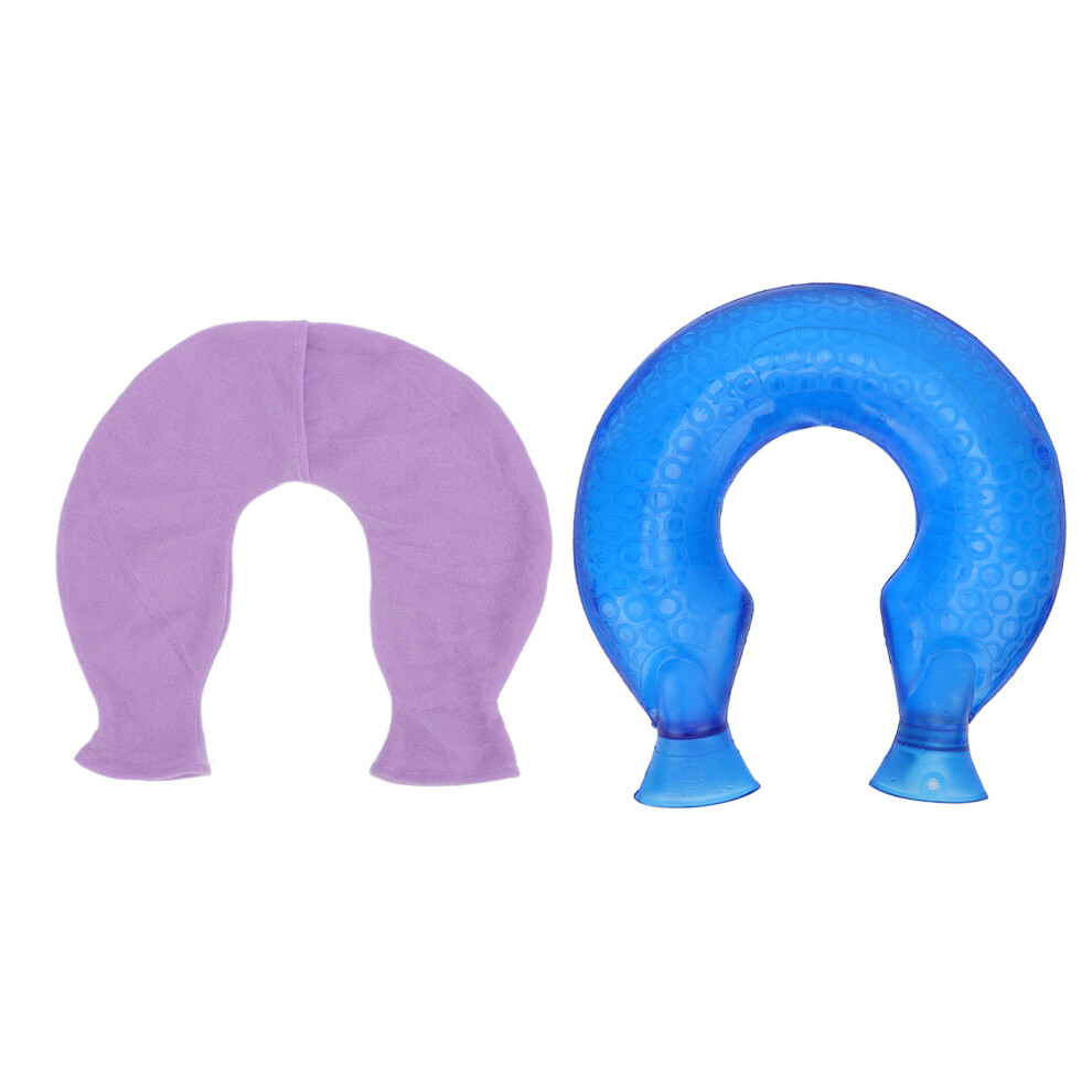 (Blue Cover) U Shaped 1.4L Hot Water Bottle PVC Neck Heating Pad Purple