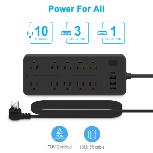 14-in-1 Surge Protector Power Strip 3.9ft USB-C 10AC 3USB Fireproof 2