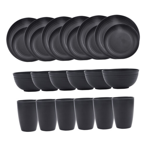 Wheat Straw Tableware Set Plate Dishes Water Cup Bowl Black 2