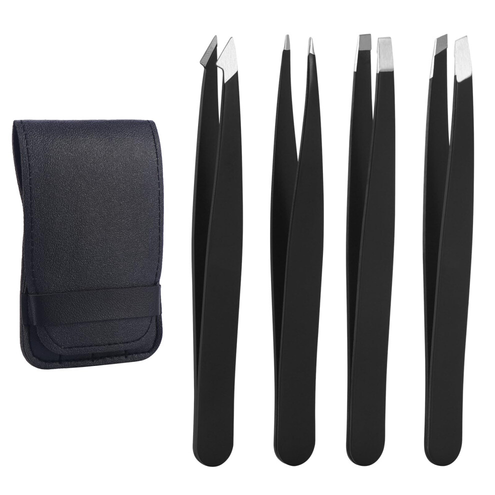 Black 4 Pack Professional Tweezers Kit Stainless Steel With Holster For Facial Hair Eyebrow Plucking Eyelash Extension Ingrown Hair