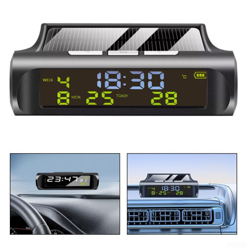 Solar Powered Car Clock Digital Thermometer Multi-Function Auto Dashboard Display With Temperature Monitor Car Clock 2
