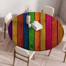 Round Tablecloth Wood Texture Printing Elastic Waterproof Oil-Proof Fitted Round Table Cover 110cm Diameter Style 6