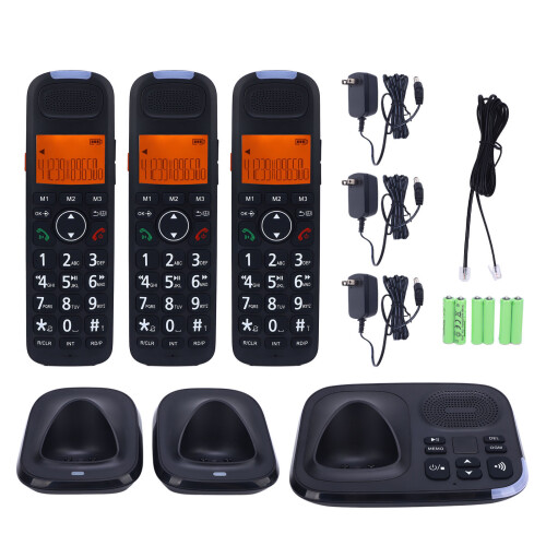 (US Plug) 3 Handset Cordless Phone with Answering Machine Caller ID US Plug