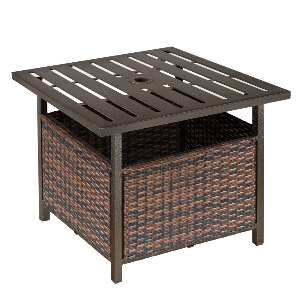 Outsunny Patio Coffee Table Rattan Square 55.5cm with Umbrella Hole Metal Frame Brown Outdoor Balcony and Garden Table-image-OPC-PKYVFXB-NEW