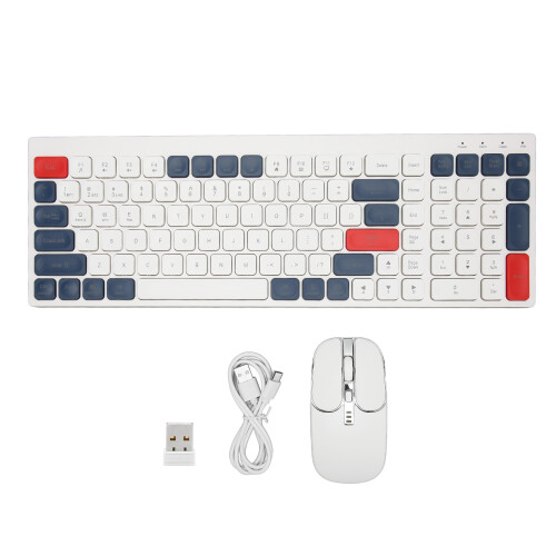 (White Blue) 2.4G Wireless Keyboard Mouse Combo Type C Charge Ergonomic White Blue