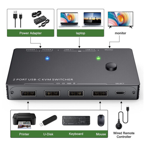 Type C KVM Switch 2 in 1 Out 10Gbps 3840x2160 30/60Hz EDID HD 1