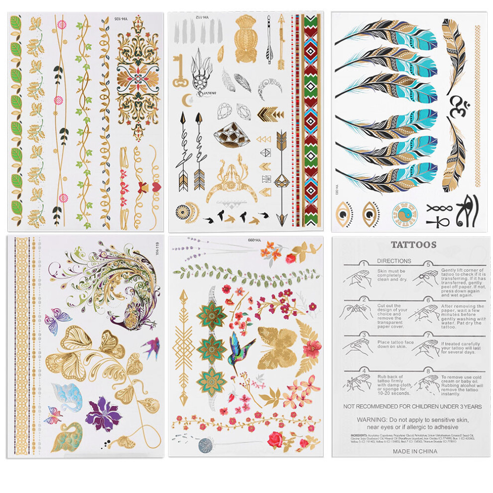 Gold/Silver 5Pcs Mixed Metallic Temporary Tattoo Stickers - Colorful Designs