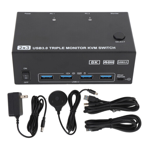 (EU Plug) 8K 60Hz HD KVM Switcher 2PC 3Monitor 4USB3.0 DisplayPort US Plug