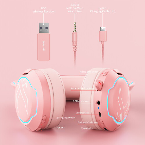 BINNUNE BW05 Wireless Gaming Headset 2.4G Bluetooth PS4 XBOX Pink 2