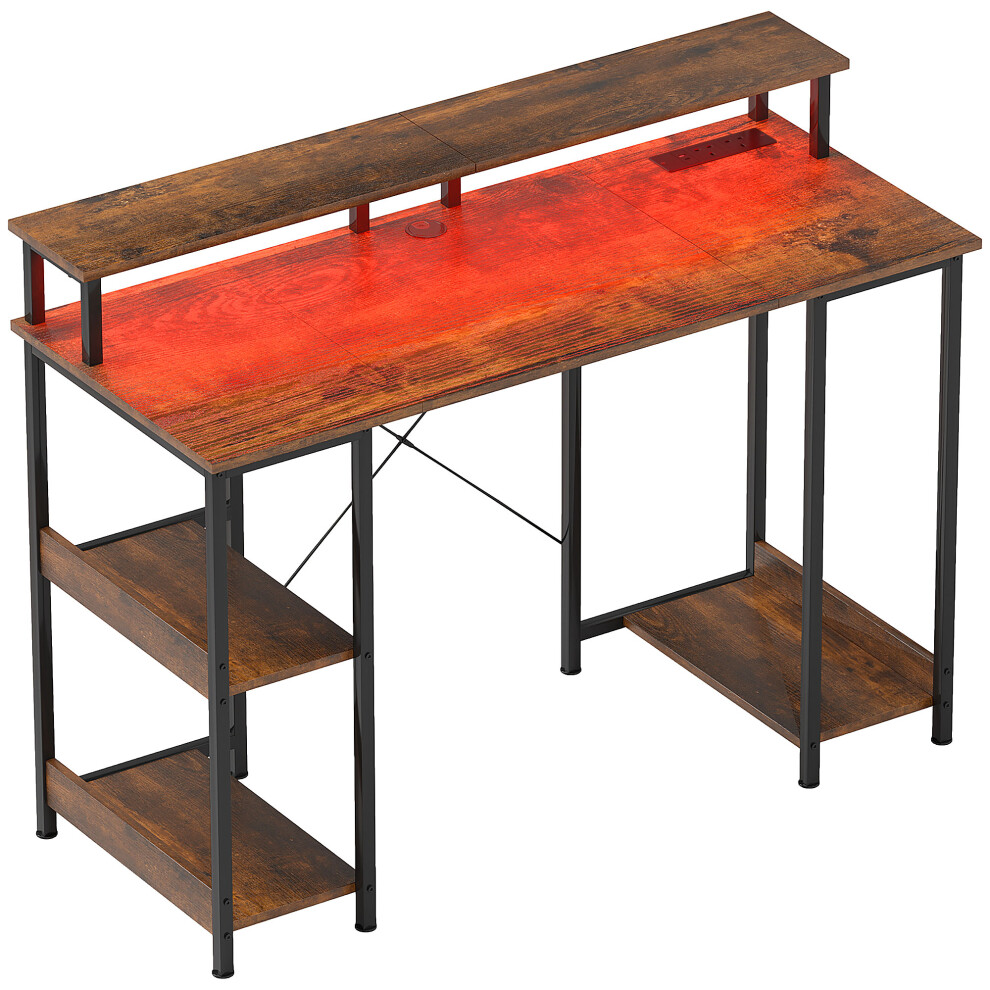 Brown Rustic Computer Desk With Led Lighting Power Outlets And Shelves By Homcom Stylish Workstation With Usb & Ac Ports 47''