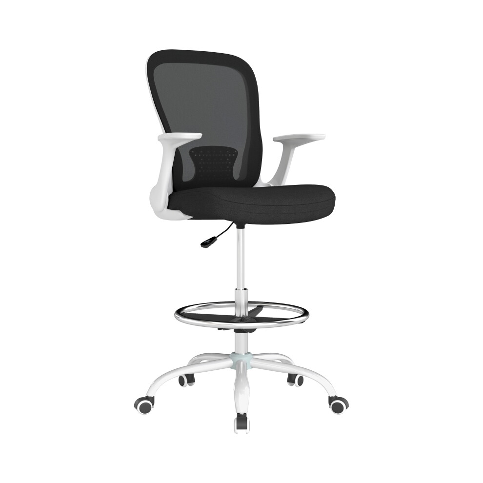 Drafting Chair with Mesh Back Support Adjustable Foot Ring Flip-up Armrest Ergonomic Office Chair in Black and White-image-OPC-PKYWXVR-NEW
