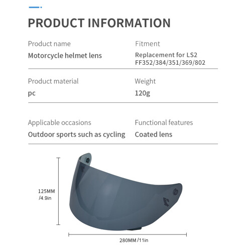 Helmet Visor Replacement for LS2 FF352/384/351/369/802, 28cm x 12.5cm 1