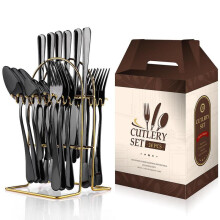 (10-black 24 piece set) Stainless Steel Tableware 24-piece Set 1010 Western Food 4 Main Pieces Tableware Stand Gift Set Products