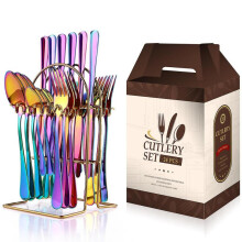 (10-colorful 24-piece set) Stainless Steel Tableware 24-piece Set 1010 Western Food 4 Main Pieces Tableware Stand Gift Set Products