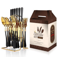 (10-black gold-24-piece set) Stainless Steel Tableware 24-piece Set 1010 Western Food 4 Main Pieces Tableware Stand Gift Set Products