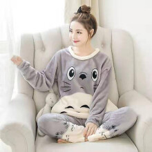 (Xl, Grey) New 2021 Autumn Winter Warm Flannel Women Pijama Sets Thick Coral Velvet Long Sleeve Cute Sleepwear Set Thin Flannel Pajamas Set