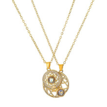 (01-gold) 2Pcs Magnetic Couple Matching Necklace 100 Languages I Love You Projection Sun Moon Heart Shape Magnet Paired Pendant Lover Gift