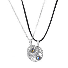 (01-silver) 2Pcs Magnetic Couple Matching Necklace 100 Languages I Love You Projection Sun Moon Heart Shape Magnet Paired Pendant Lover Gift