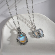 (03 silver) 2Pcs Magnetic Couple Matching Necklace 100 Languages I Love You Projection Sun Moon Heart Shape Magnet Paired Pendant Lover Gift