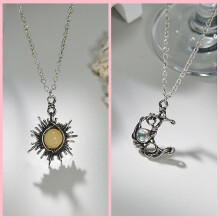 (04-sun moon) 2Pcs Magnetic Couple Matching Necklace 100 Languages I Love You Projection Sun Moon Heart Shape Magnet Paired Pendant Lover Gift