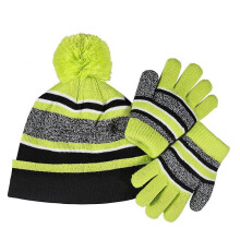(Average size, Green) Gloves Two-piece Set Winter Fleece-lined Warm Children's Five-finger Knitted Cold-proof British Hat