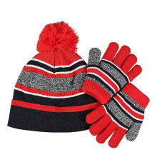 (Average size, Red) Gloves Two-piece Set Winter Fleece-lined Warm Children's Five-finger Knitted Cold-proof British Hat