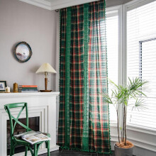 (150*180, Green-punch) Plaid Stitching Curtain Christmas Red American Curtain