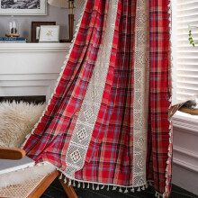 (150*260, Red christmas grid-punch) Plaid Stitching Curtain Christmas Red American Curtain