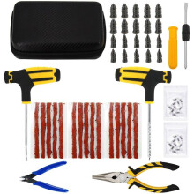 (Case-b-28pcs-pliers) Car Tire Repair Tool Kit Studding Set Auto Bike Puncture Plug Garage Needle Nose Pliers Vacuum Film Nail Screws W/ Storage Case