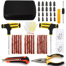 (Case-b-30pcs-knief) Car Tire Repair Tool Kit Studding Set Auto Bike Puncture Plug Garage Needle Nose Pliers Vacuum Film Nail Screws W/ Storage Case
