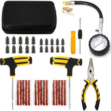 (Case-b-30pcs-gauge) Car Tire Repair Tool Kit Studding Set Auto Bike Puncture Plug Garage Needle Nose Pliers Vacuum Film Nail Screws W/ Storage Case
