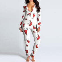 (S, White) Women's One Piece Print Sleepwear Christmas Pajamas Jumpsuit Rompers Long Sleeve Nightwear