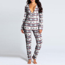 (M, Grey) Women's One Piece Print Sleepwear Christmas Pajamas Jumpsuit Rompers Long Sleeve Nightwear