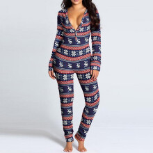 (S, Blue) Women's One Piece Print Sleepwear Christmas Pajamas Jumpsuit Rompers Long Sleeve Nightwear